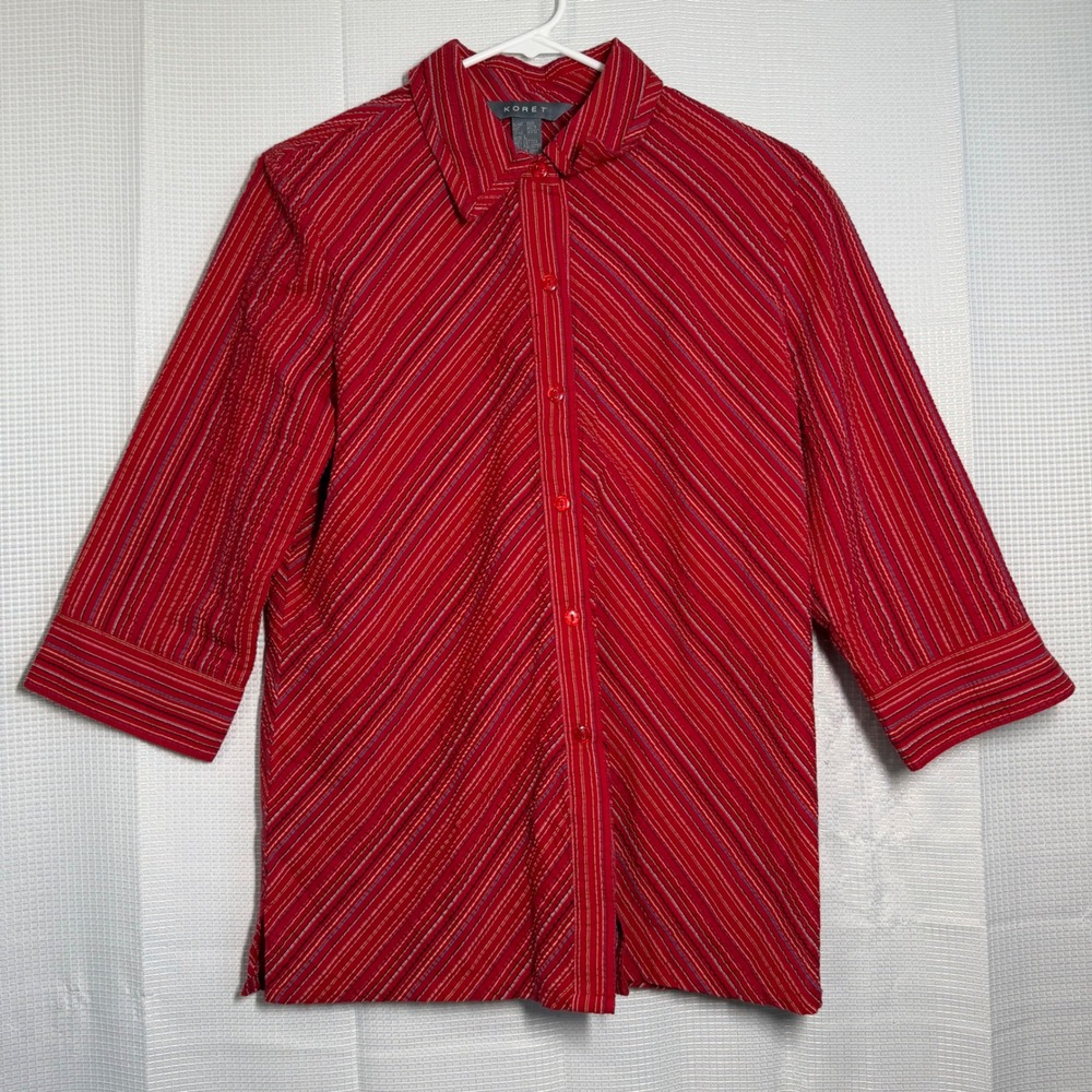 Koret Button Down Shirt Large Red Diagonal Striped‎ 3/4 Sleeve